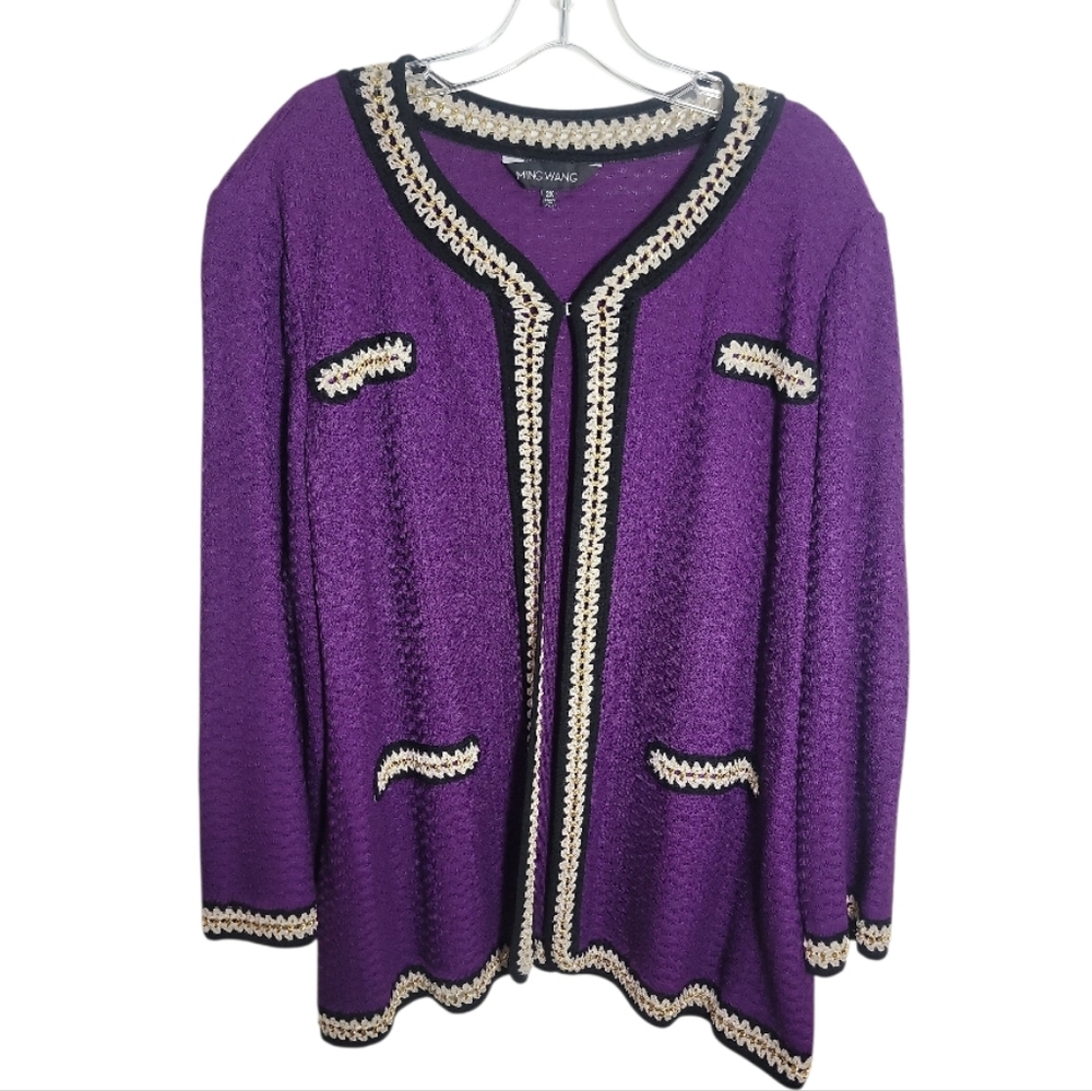 Ming Wang purple cardigan women's 2X embroidered trim hook front v neck sweater